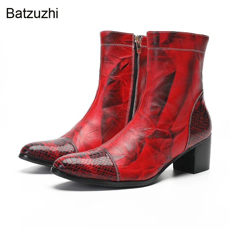 

Batzuzhi 6cm High Heels Boots Men Pointed Toe Red Genuine Leather Ankle Boots for Men Zip Knight/Party Botas Shoes, Sizes 38-47