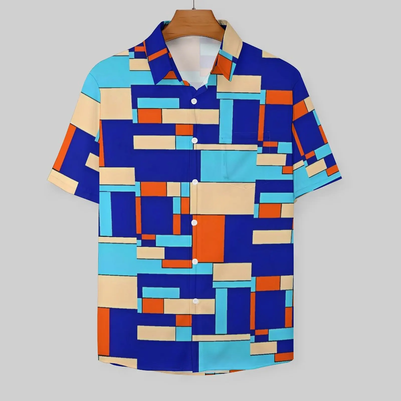 Contrast Color Beach Shirt Blue Creams and Orange Hawaiian Casual Shirts Men Classic Blouses Short Sleeve Breathable Clothes