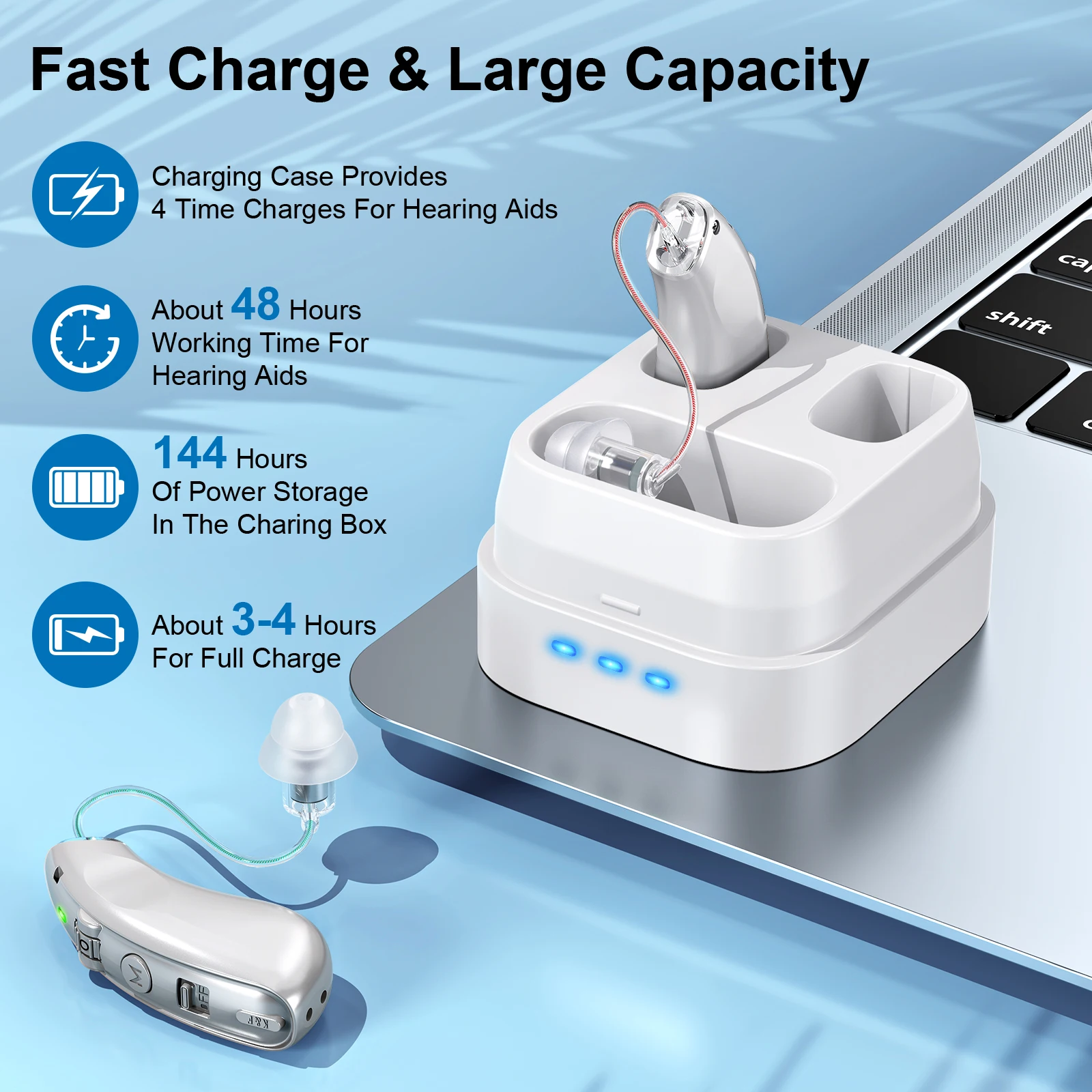 Rechargeable behind-the-ear hearing aid for the elderly, noise-cancelling amplified hearing aid with charging case
