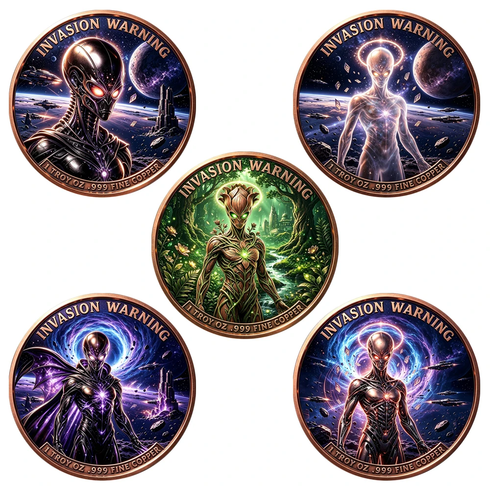 1pc 1oz .999 Fine Copper Invasion Warning Alien Challenge Coin Sci-Fi Space Creature Collectible Coin Gifts for UFO Enthusiasts