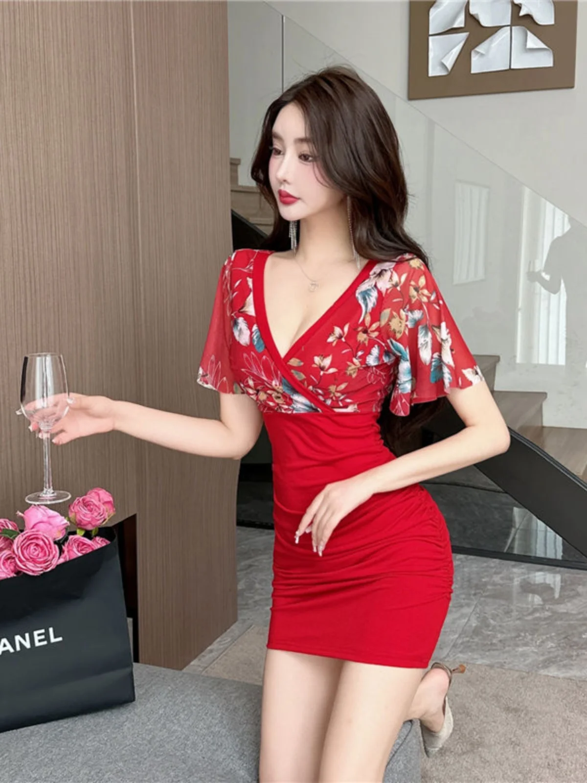 

Sexy Me Print Color Blo ort Sve Low Cut V Ne Bodycon Dr Floral Skirt High Waist Summer Faion Slimming Dr