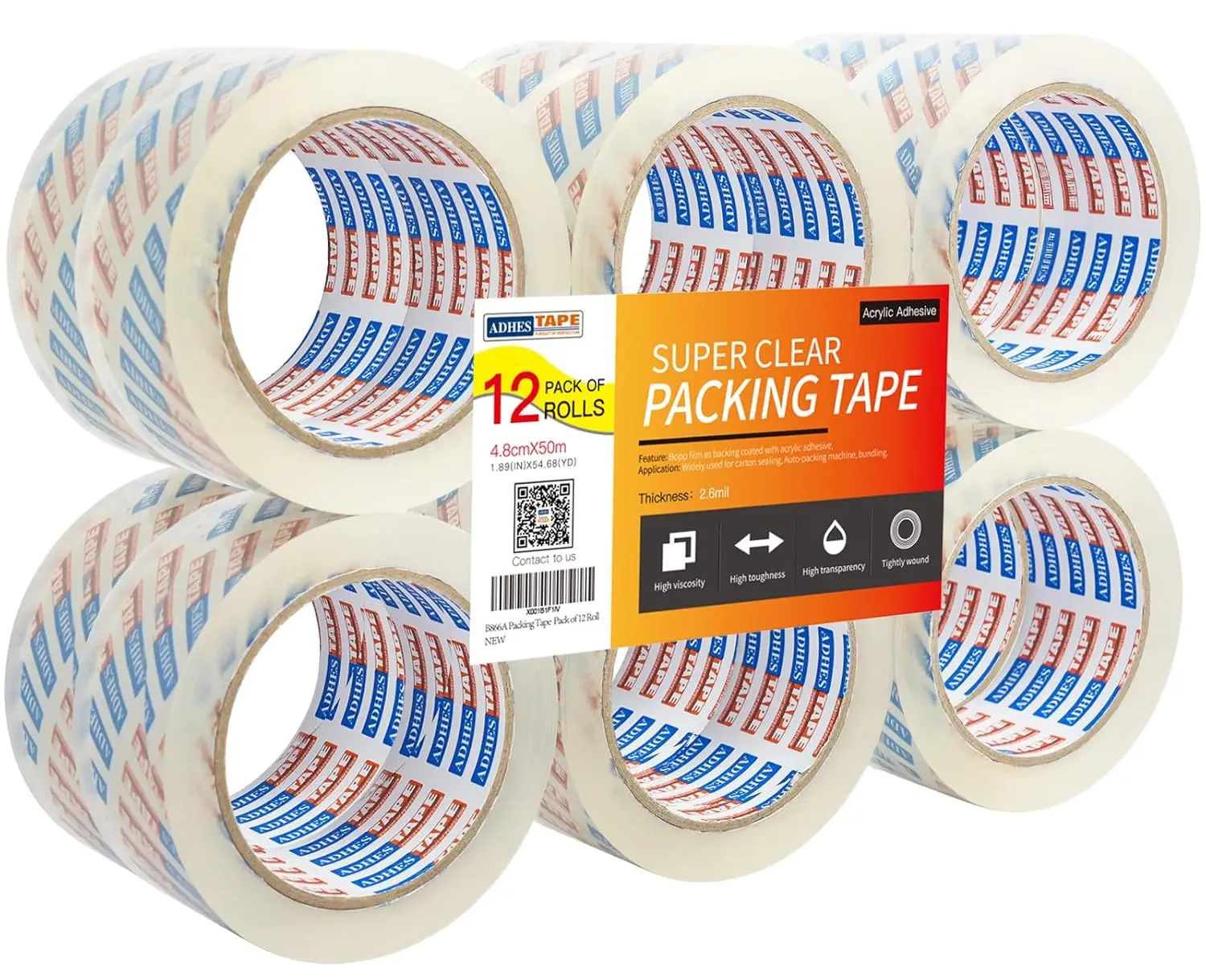 

ADHES Packing Tape Shipping Tape Packaging Tape for Moving Boxes Heavy Duty Clear, 50M Length 4.8cm Width,2.6Mil Thickne