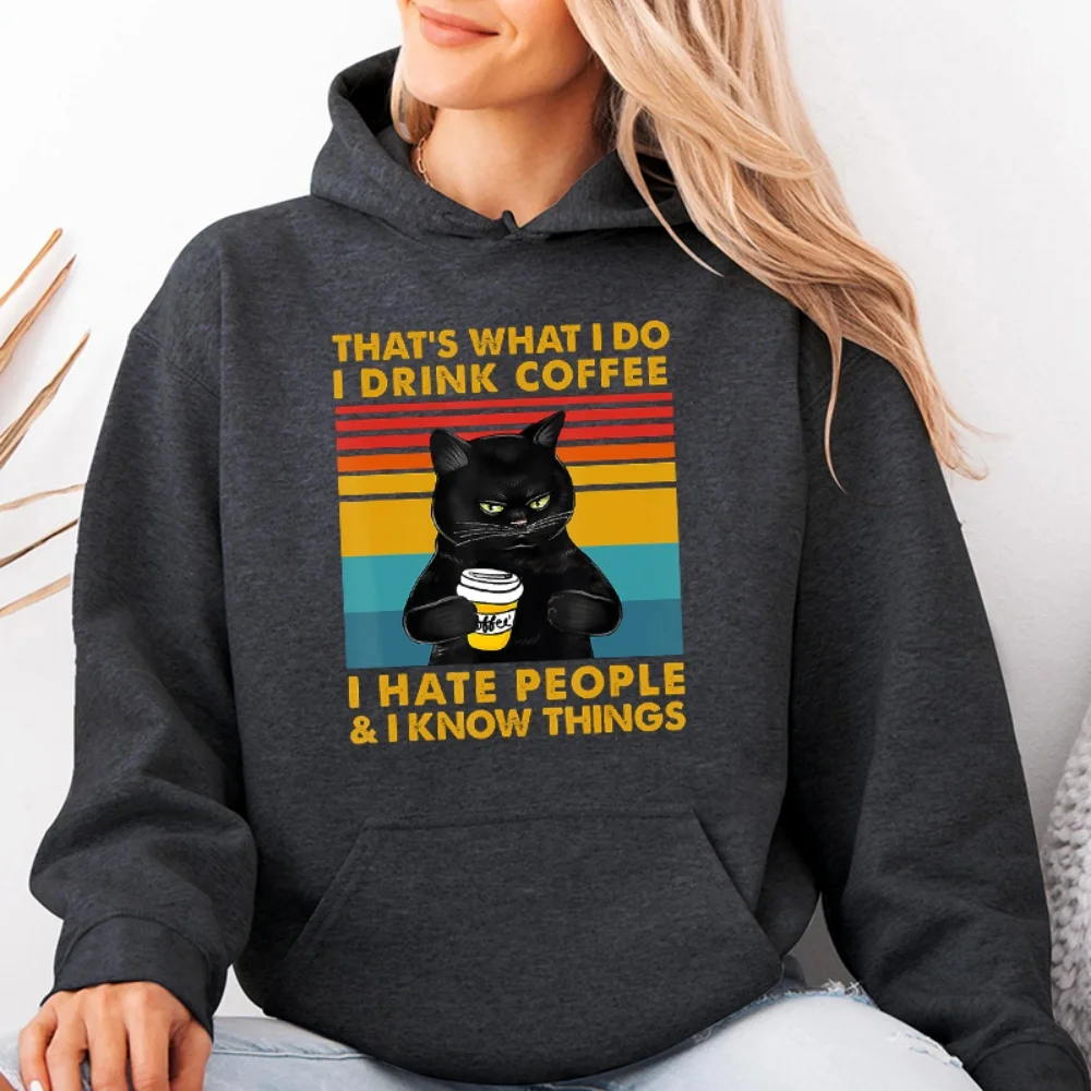 1 Stück Vinyl-Aufkleber mit der Aufschrift „I Drink Coffee, I Hate People“ im Retro-Stil, gestreift, Kaffee, schwarze Katze, waschbarer Aufbügel-Aufkleber