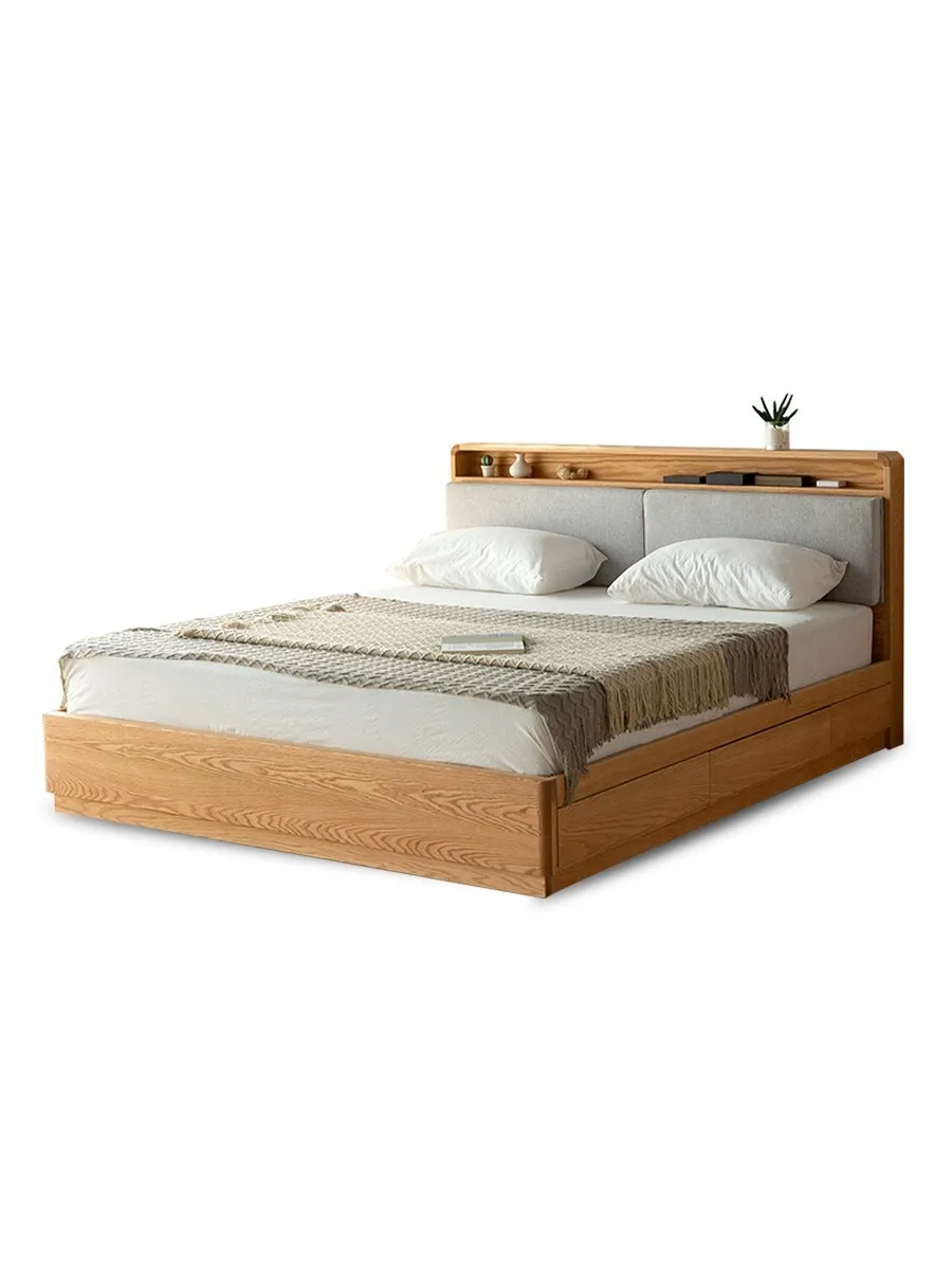 North American red oak solid wood soft bag bed Nordic high box storage air pressure bed simple tatami drawer floor bed