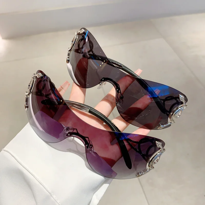 Y2K Rimless Luxury Brand Designer Sunglasses Women For Men One Piece Trendy Oversized Sun Glasses Metal Snake Pink Punk Shades