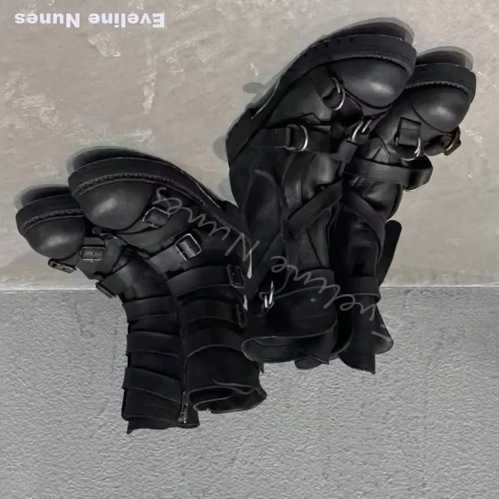 Vintage Distressed Hiking Boots Men/women Platform Round Toe Belt Buckle Chunky Heel Mid Calf Boots 2026 New Fashion Knight Boot