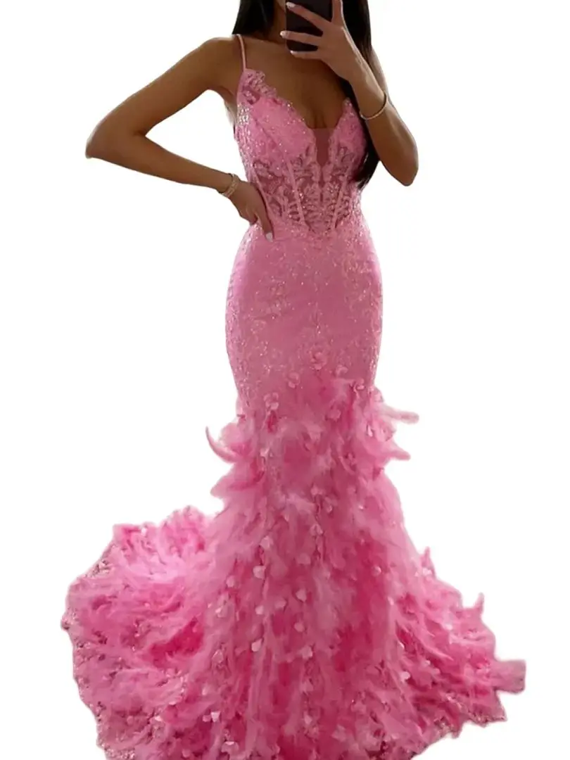 Vestido de fiesta de sirena con plumas de color rosa intenso para mujer, vestido de noche de encaje con lentejuelas y tirantes finos, vestidos de fiesta de boda de lujo