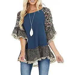 Fashion Spring Summer Blouses Top Bat Half-sleeved Floral Print Patchwork Shirt T-shirt Women's Casual Loose O-neck Leopard Tops