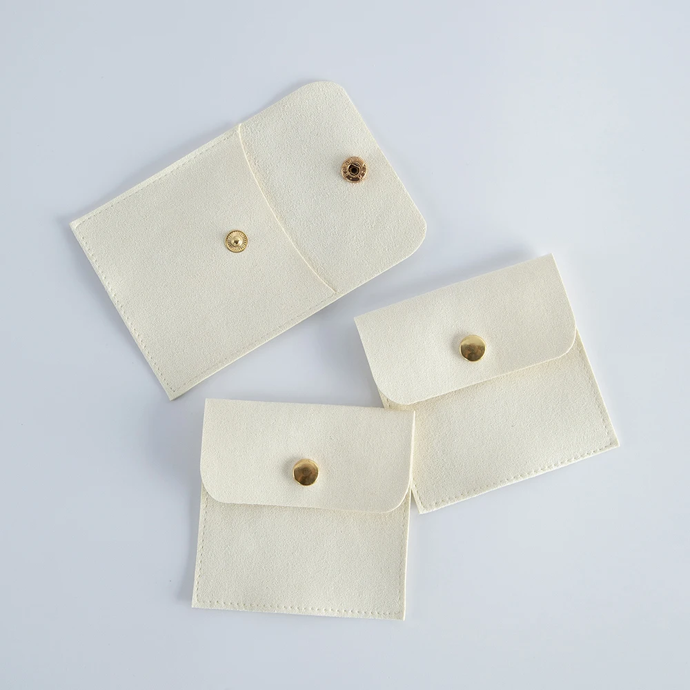 5pcs Beige Jewelry Gold Snap Button Bags Chic Small Wedding Favor Bag Microfiber Pouch for Jewelry Ring Necklace Earring