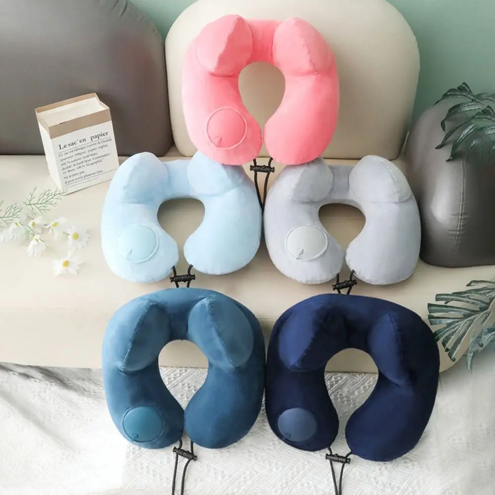 U-Shaped Inflatable Travel Pillow Soft Foldable Press To Inflate Pillow Hand Pressing Comfortable Sleeping Neckrest Pad