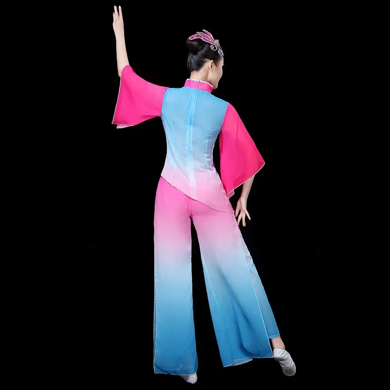 Estilo chinês guarda-chuva étnico dança yangko trajes de dança clássica elegante fã dança traje hanfu roupas desempenho palco