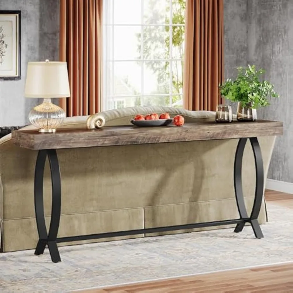 طاولة مدخل ضيقة طويلة مقاس 70.87 بوصة، طاولة أريكة على طراز المزرعة خلف الأريكة مع لمسات معدنية