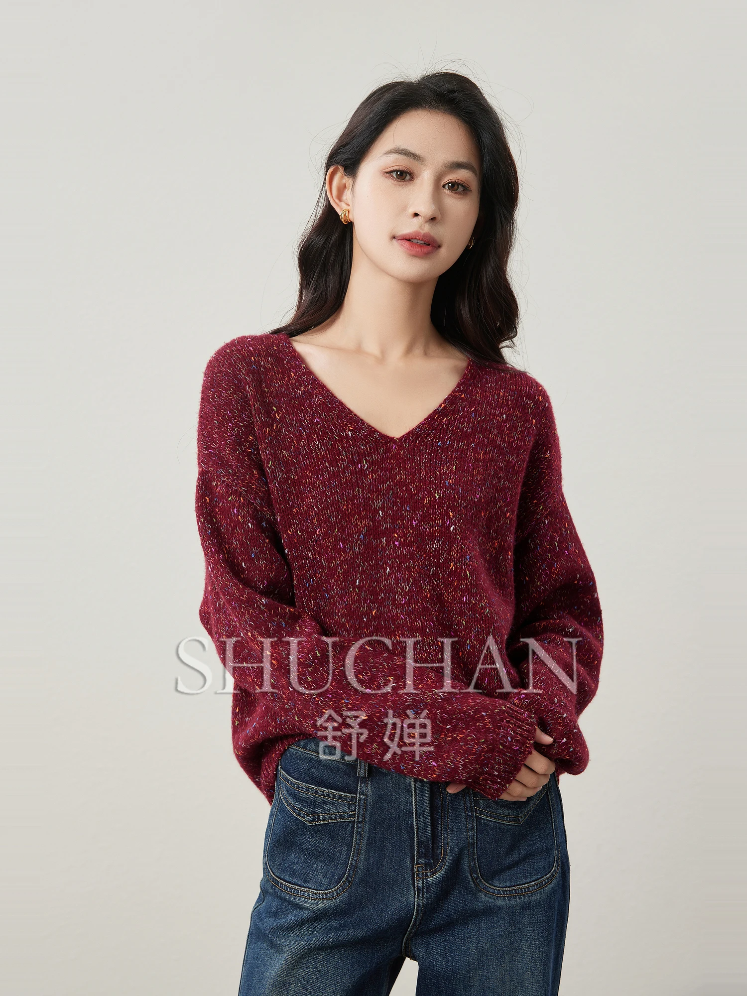 

Fancy Yarn Good Quality 93.3% Wool Mixed-color Lazy and Loose V-neck Knitted Sweater 24 Autumn and Winter Pullover