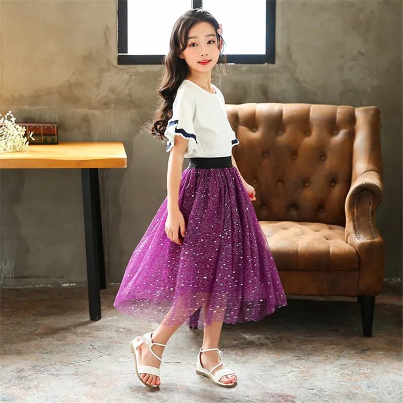 Girls Skirt Spring/Summer Fashion Kids Starry Sky Sequins Long Skirt Purple/Navy For Children 4 6 8 10 12 14 Year Wear