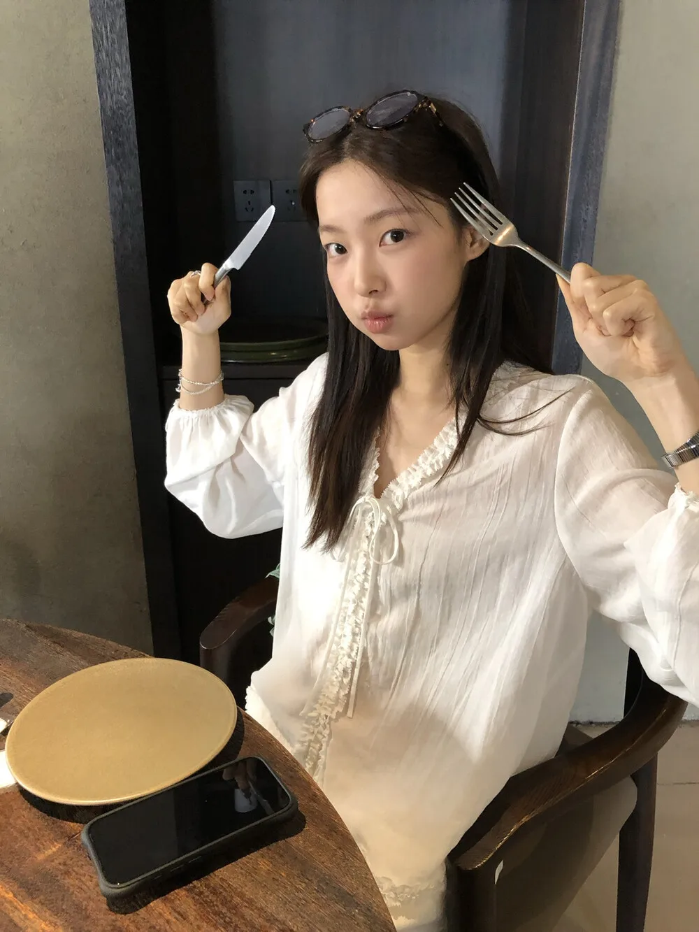 

Lilian Ouur Casual Versatile Precise Wood Korean Sle Loose Fit Breathable Long Sve V-Ne Pure Color irt