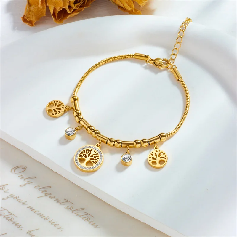 316L Stainless Steel Elegant Gold Color Tree - of - Life Charms Bracelet With Shiny Zircon Stone For Women's Daily Wear image 6