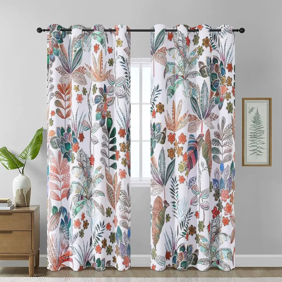 

Шторы для затемнения комнаты в стиле бохо с узором «листья клена», длина 84 дюйма, комплект из 2 панелей для гостиной, дизайн с акварельным узором «листья», с кольцами