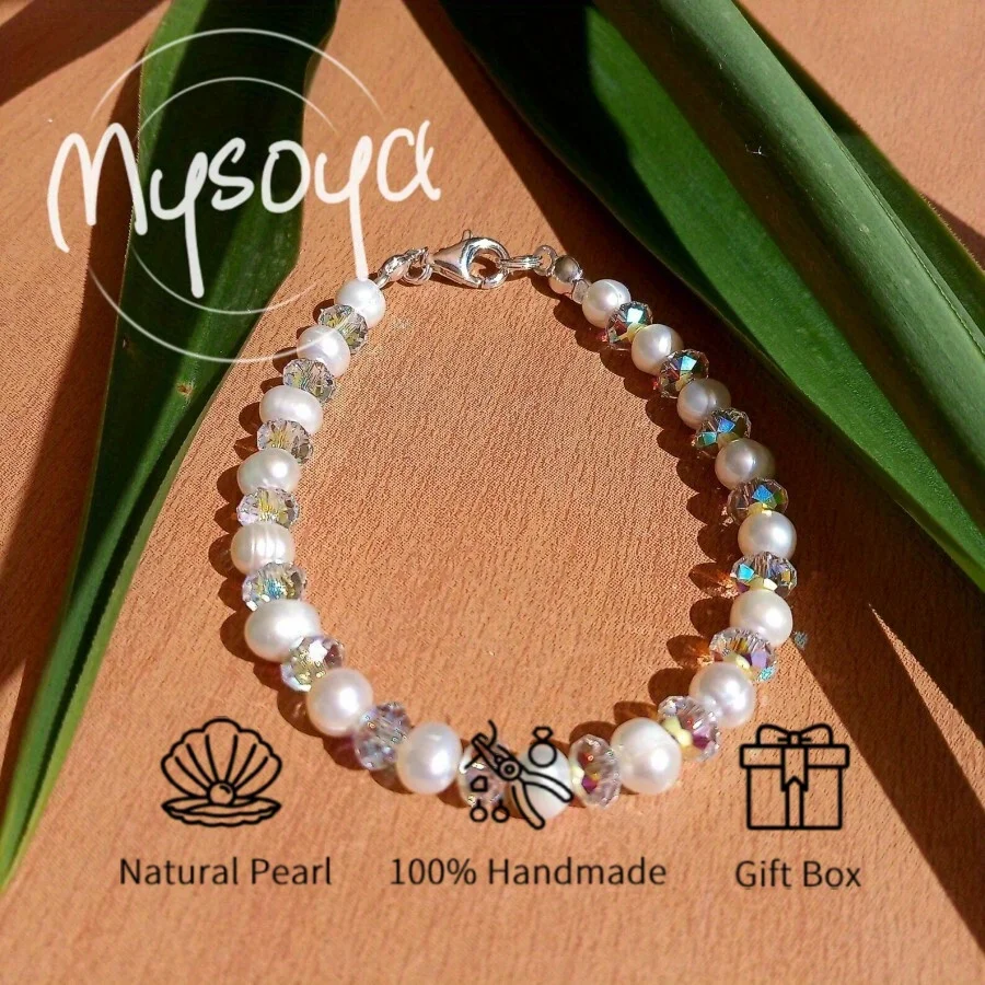 

MYSOYA 7-8mm Natural Pink Freshwater Pearl Bracelet With Gift Box Bracelet For Women And Men Perfect Birthday Wedding Gift