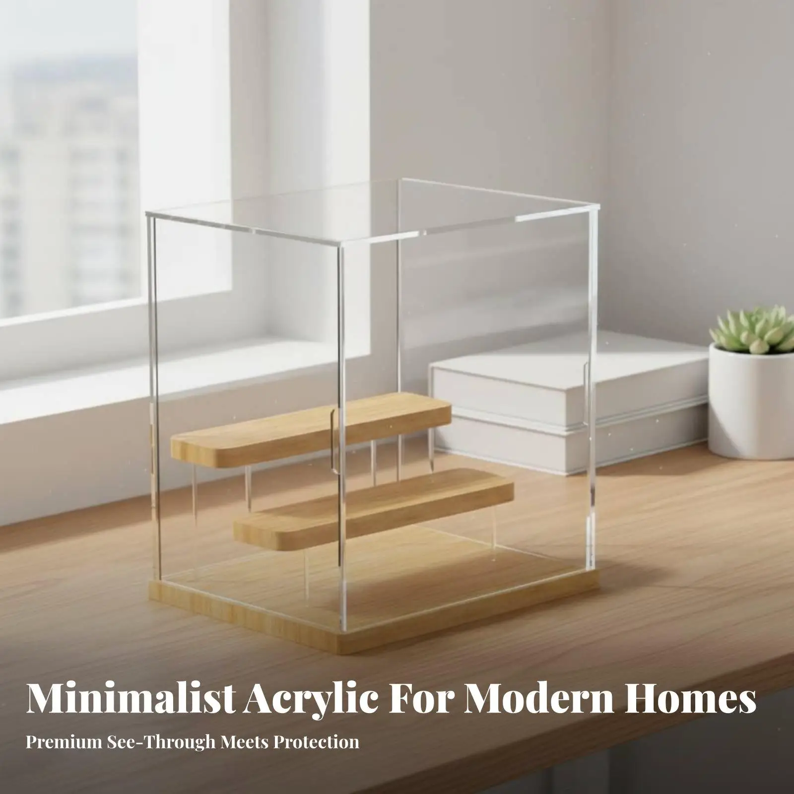 Clear Acrylic Display Case with Wooden Tier Trays for Model Kits and Dolls Dust Free Showcase Box for Desk Shelf Top