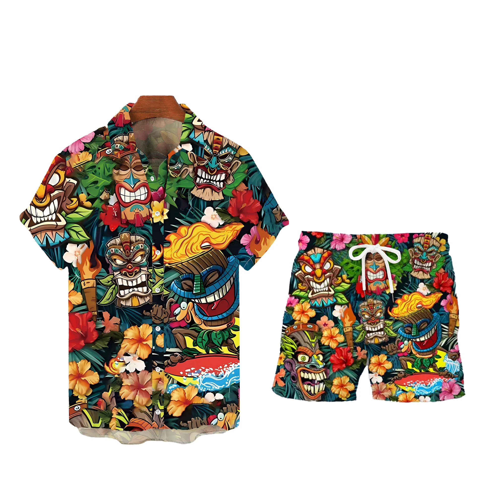 Summe Aloha Shirts Men\'s Button-down Hawaiian Shirt Set Beach Shirt and Shorts Floral Casual Suit Daily Holiday Print Totem