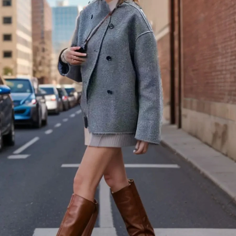 Loisirs mode européenne haut femmes décontracté Style britannique femmes Double boutonnage couleur Pure manteau en laine veste confortable