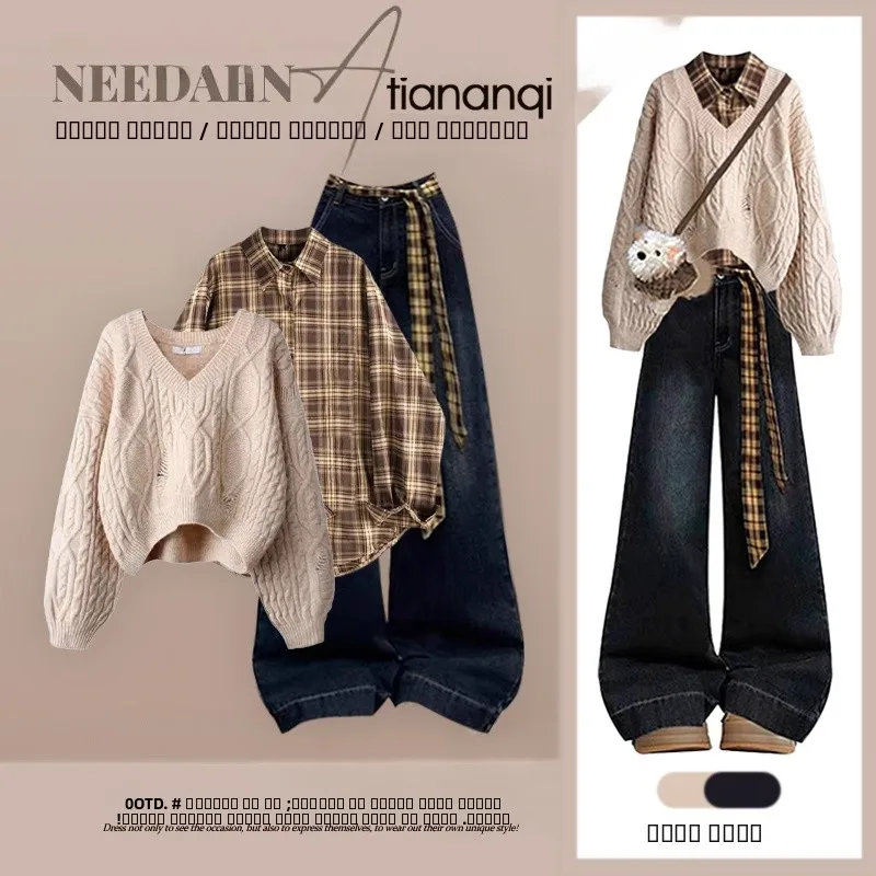 

Fall Knitted Sweater Set Korean Sle Loose Plaid irt And Slim Jeans Tee Piece Women's Faion Ensemble Agel Elegance