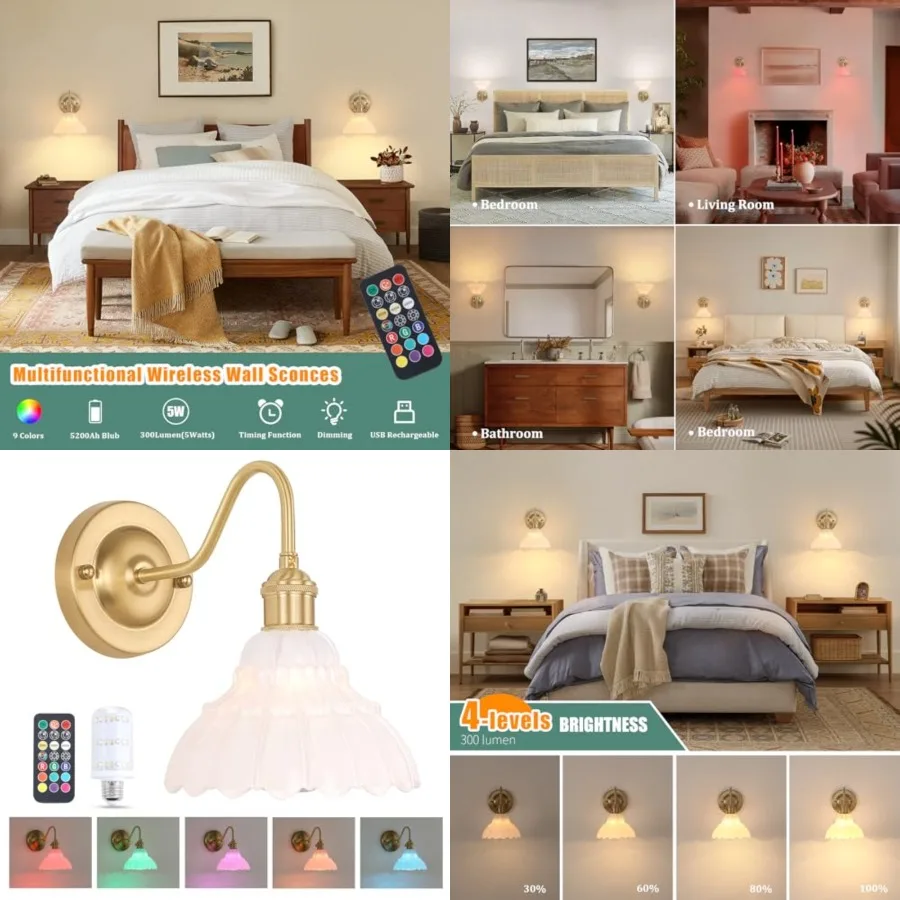 

Battery Operated Wall Sconce, Vintage Rechargeable Wall Lights with White Lily Glass Shade, Wireless Indoor Wall Lamp for Bedro
