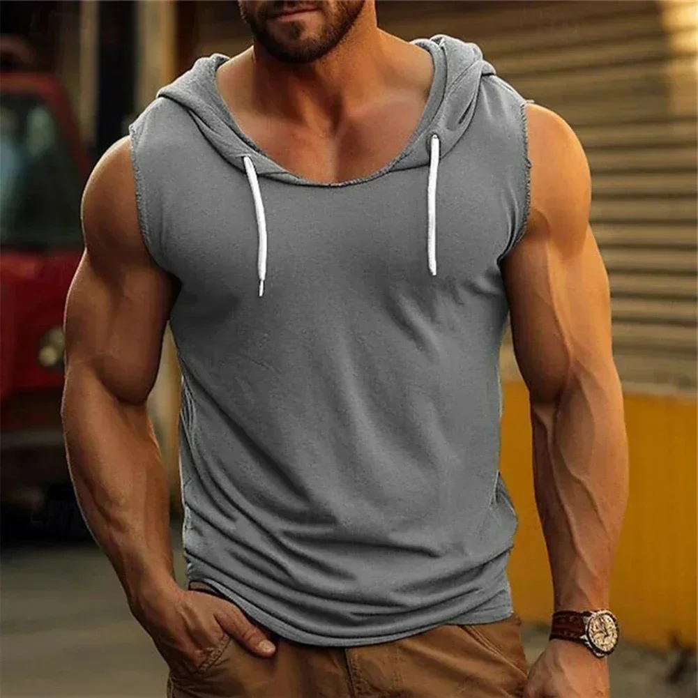 Plain Men's Gym Tank Top Hoodies Fitness Sleeveless Hooded T Shirt Cut Off Sports Singlets Bodybuilding Stringer Muscle Vest