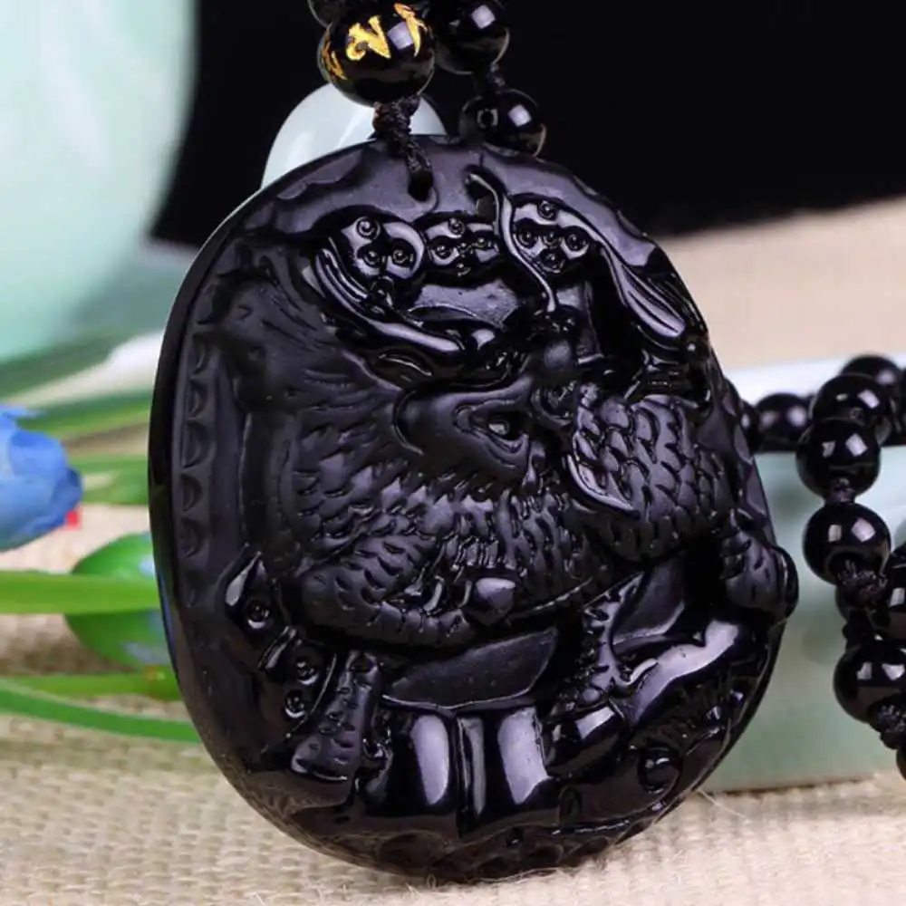 Natural Black Obsidian Hand Carved Kylin Lucky Amulet Pendant Chain Gold Fashion Charms Clavicle Energy Gift Pendants Wholesale