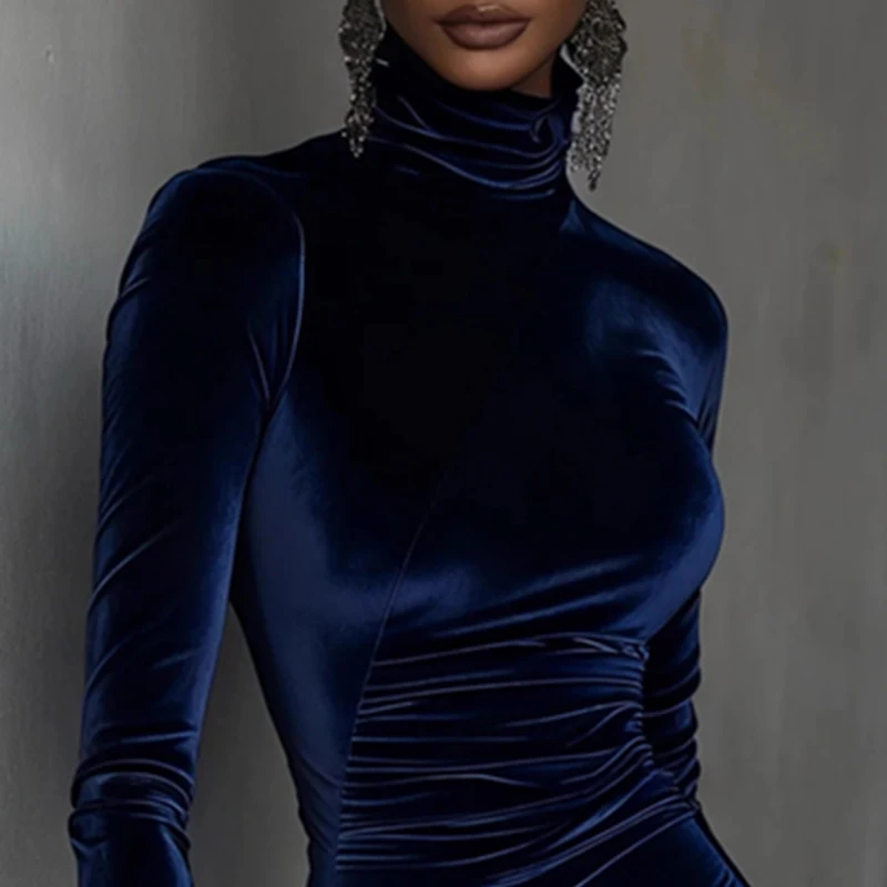 가을 터틀넥 패치워크 레이스 벨벳 드레스 여성 캐주얼 솔리드 슬림 바디콘 힙 드레스 겨울 긴팔 불규칙 미니 드레스