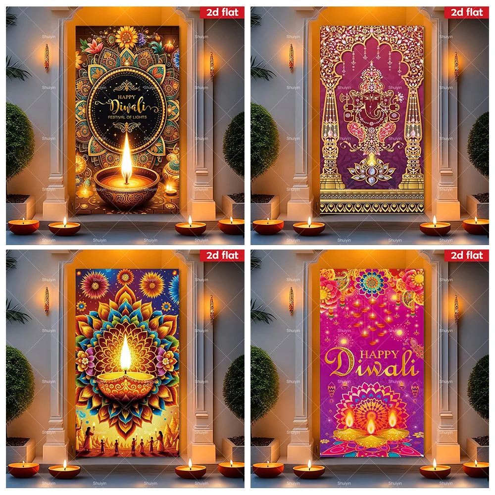 

Indian Diwali Door Cover Banner Deepavali Peacock Candle Wedding Birthday Party Supplies Porch Decorations Photography Backdrop