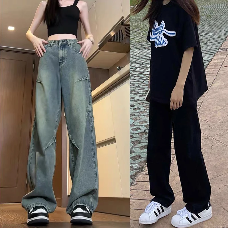 

Американские джинсы с высокой талией и широкими штанинами для женщин больших размеров, весна-осень, новинка, джинсовые брюки, премиум-качество