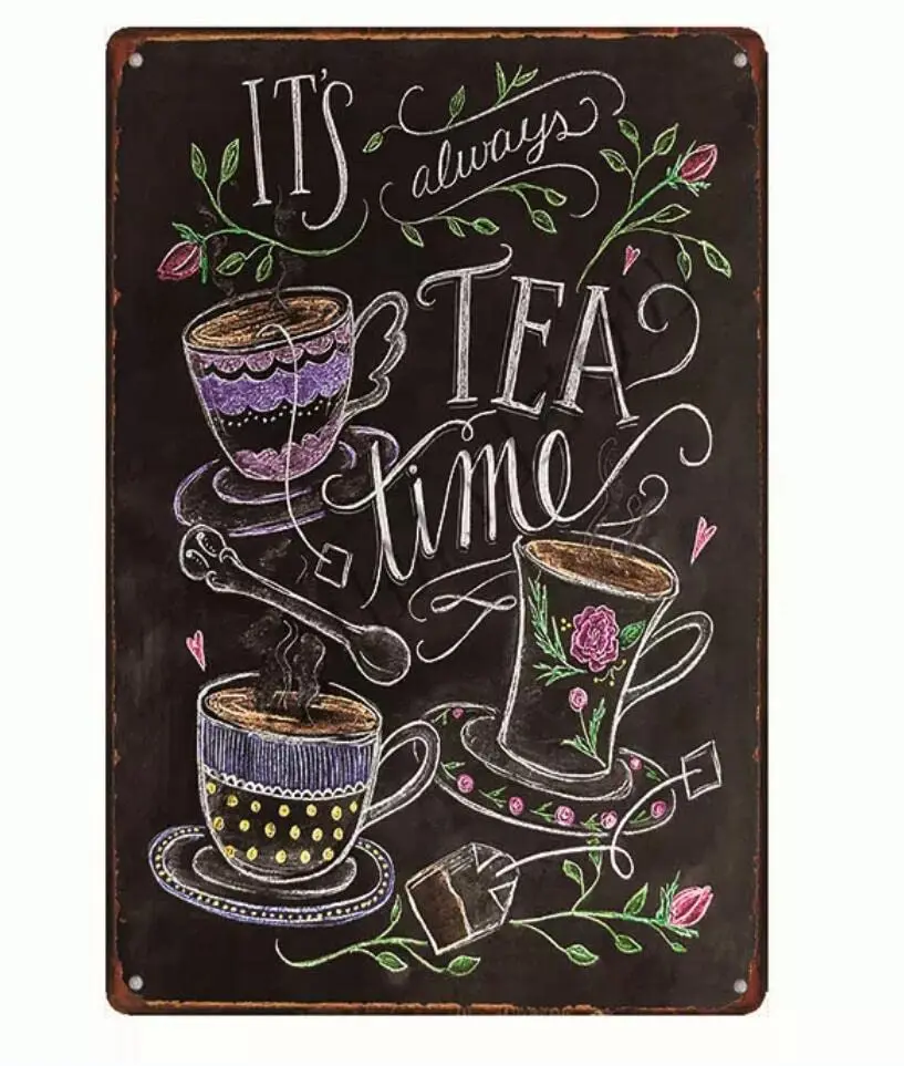 It's Tea Time Retro Metal Tin Sign Vintage Blackboard Sign Bar Cafe Restaurant Home Decor Wall Art Plate 8x12inch