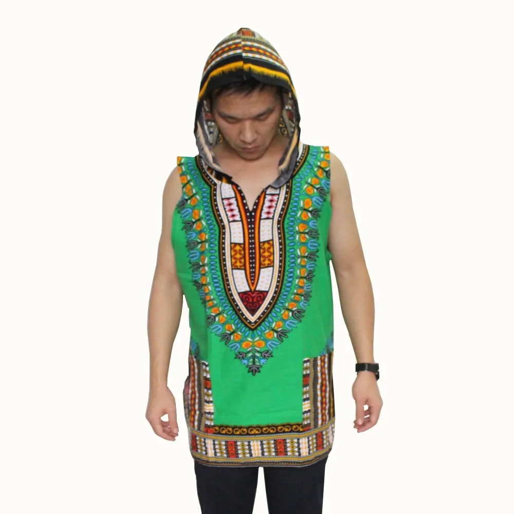 Sleeveless Dashiki Hoodies Loose African Hooded Dashiki Fabric 100% Cotton Unisex Kimono with Pocket Kaftan Hoody Tunic Tops