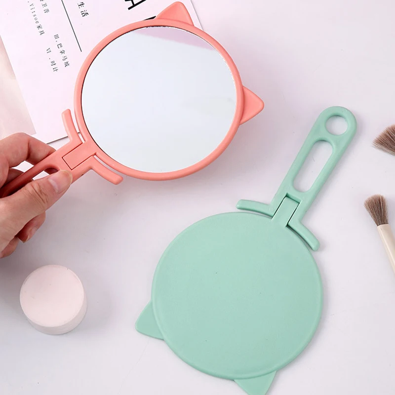 1pc Simple Cat Ears specchio per il trucco portatile HD specchio da tavolo pieghevole portatile a doppio uso specchio per il trucco con manico per studenti a prezzi accessibili