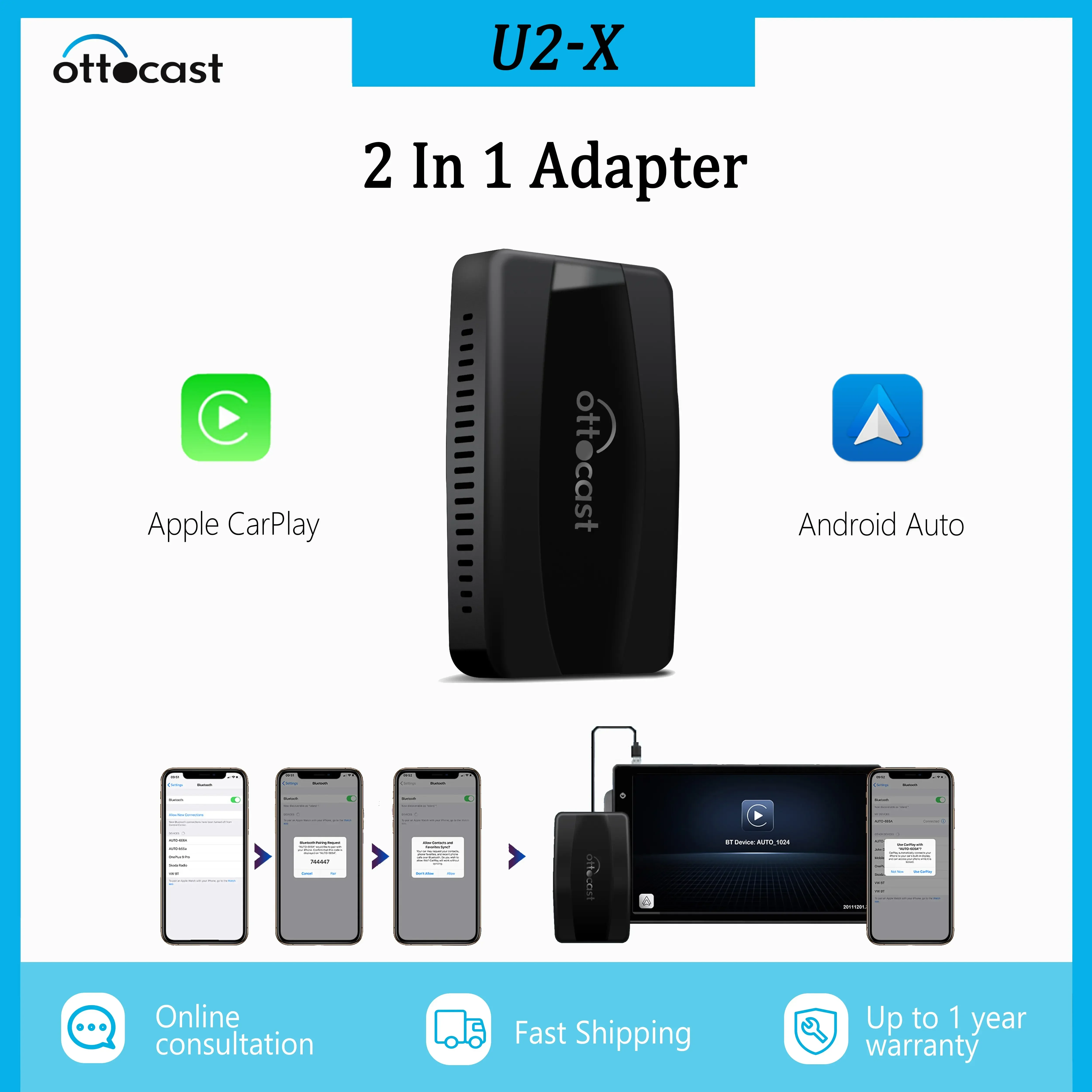 OTTOCAST U2 X Wireless Android Auto CarPlay Adapter 2 in1 Carplay Smart Box Plug Play Multimedia Player for Toyota Mazda VW