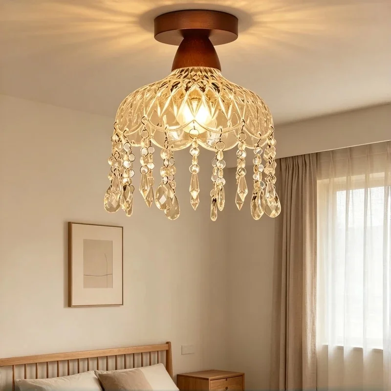 Vintage Crystal Ceiling Light Wooden Base Semi Flush Mount Lamp Pendant Light for Hallway Bedroom Entryway Home Decor