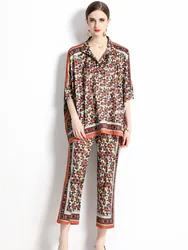 Spring Summer Leopard Print Silk Two Piece Suit Women's Long Sleeve Oversized Shirt Blouse + Ankle Wide Leg Pants Set Outfits