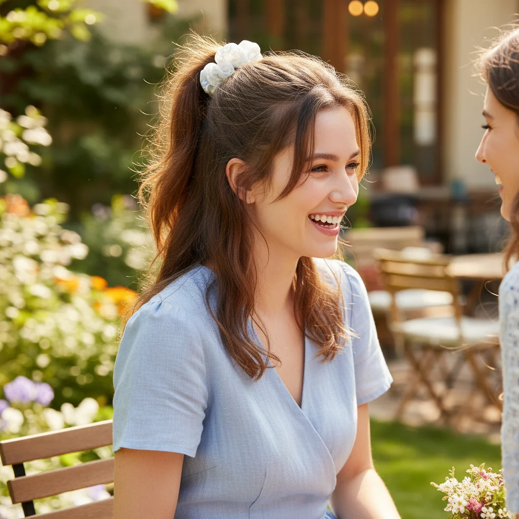 Eleganter Spitzenblumen-Scrunchie im koreanischen Stil, großer Haargummi für Damen und Mädchen, trendiges Haar-Accessoire für den Alltag. – Detail 3