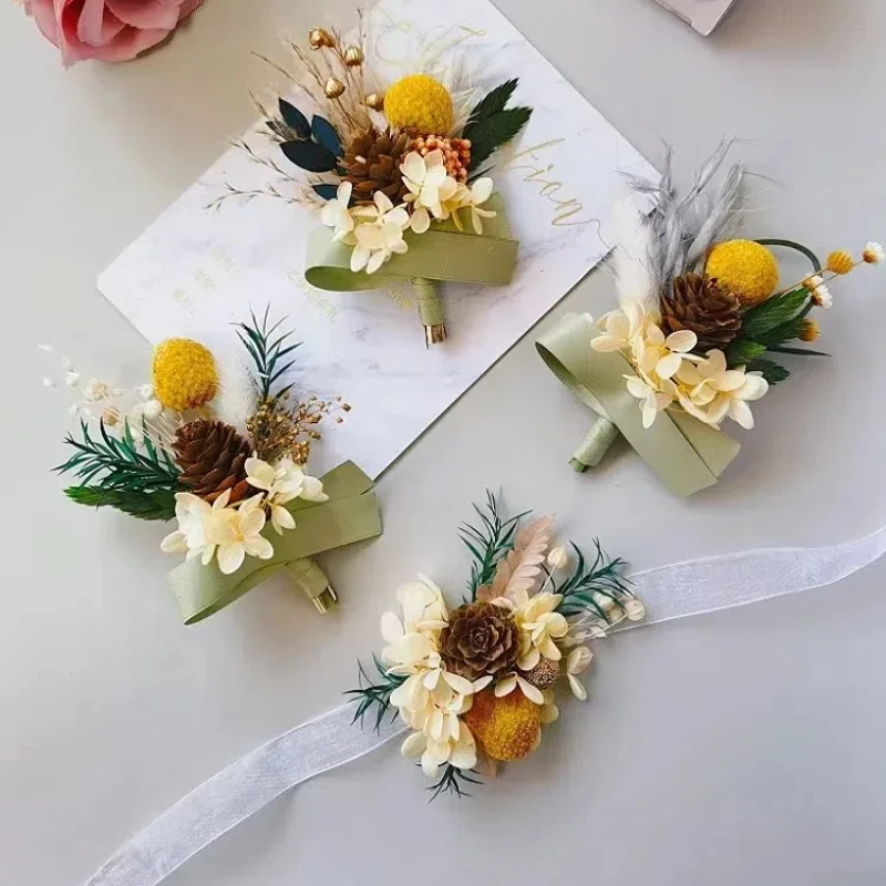 말린 꽃 Boutonniere 웨딩 남자 브로치, 신부 손목 코사지 소녀 팔찌, 파티, 무도회, 결혼, 신랑, Boutonniere