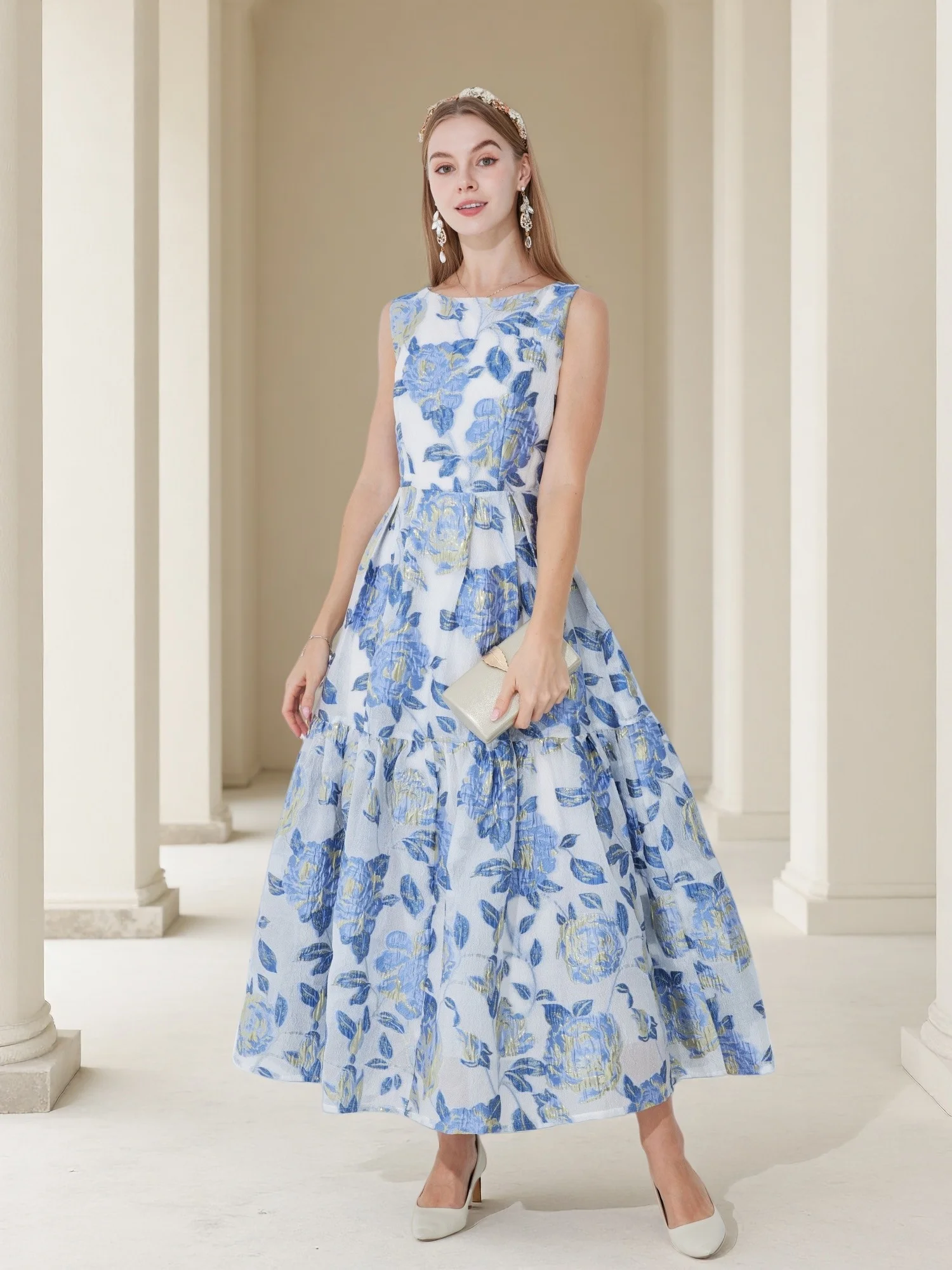 

2026, весна-лето, новое роскошное сверхпрочное жаккардовое платье без рукавов с 3D золотой нитью и застежкой на талии, пышная юбка, банкетное платье