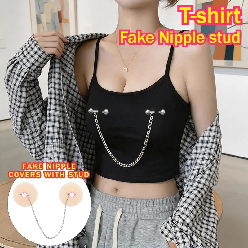 Women Fake Nipple Stud Sleeveless Sexy Tanks Tops Solid Color Sporty Wire Free Camis Girl Punk Style Slim Fit Casual Crop Cloth