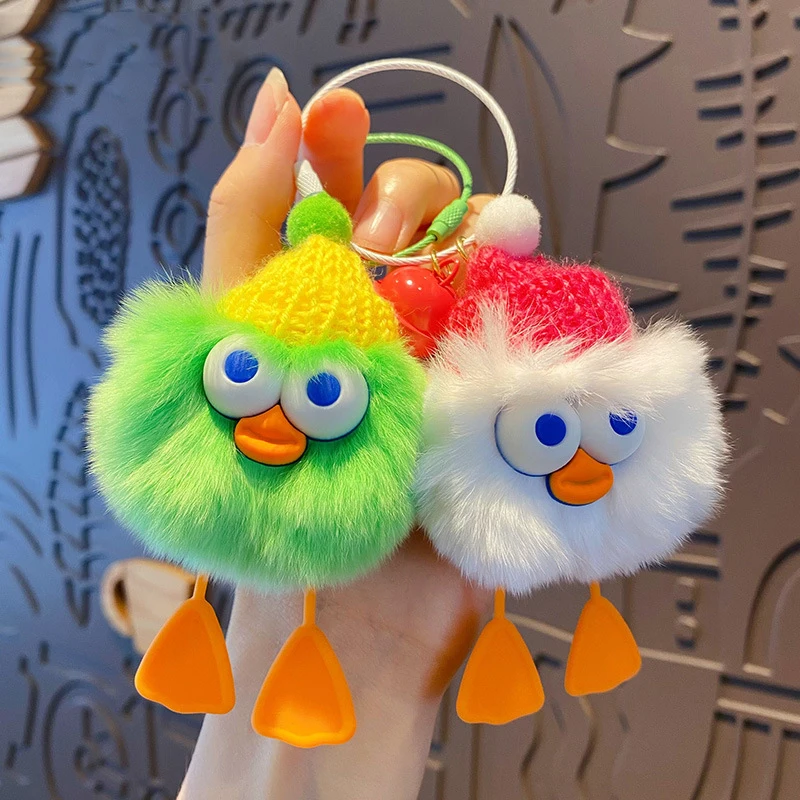 Ugly Cute Plush Briquettes Duck Bag Pendant Keychain Cartoon Rex Rabbit Fur Wool Hat Duck Doll Car Keys Chains Accessories Gift