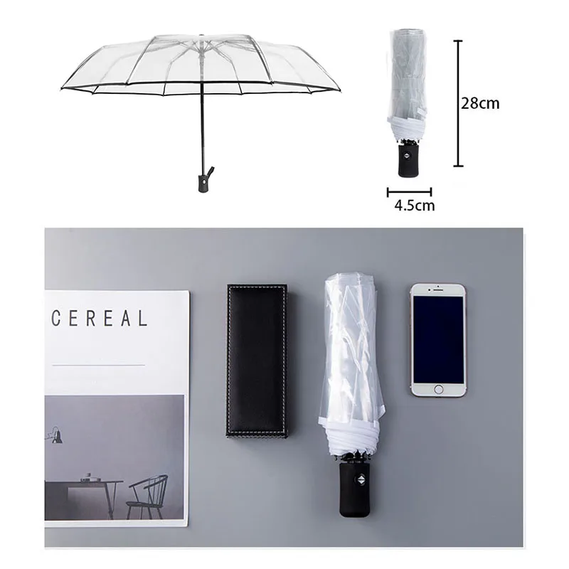 Transparent Folding automatic Umbrella Men Ripple Edge Black Business Rain Umbrella Women Plastic Clear Ladies Parasol