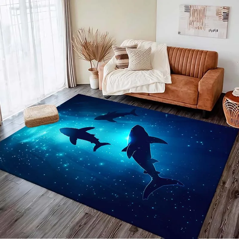 

1pc Blue Ocean Shark Print Rug - Soft Non-Slip Polyester Carpet with Starry Night Design for Living Room, Bedroom, Kitchen, and