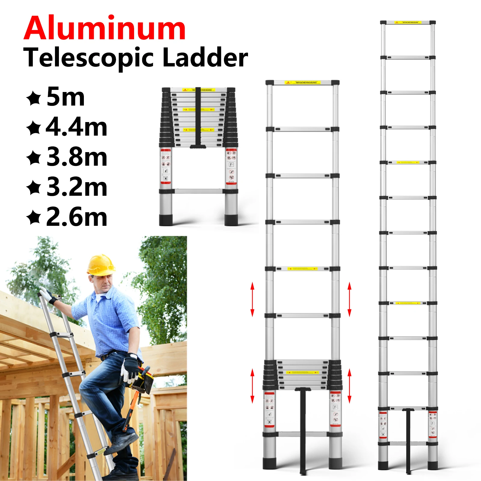 Scala telescopica Scala di estensione in alluminio da 3,8 m 5 m Scala a soppalco portatile resistente, scala dritta per la casa, carico 150 kg/330 libbre