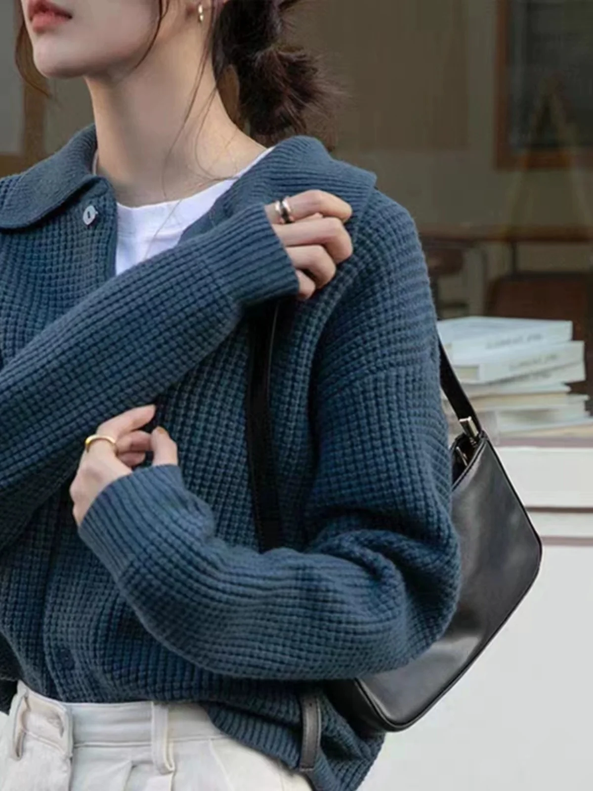 Blaue gestrickte offene Strickjacke Frühling Herbst Damen Soft Cozy Lazy Sle Top Long Sve Loose Fit Pure Color Button Up Pullover