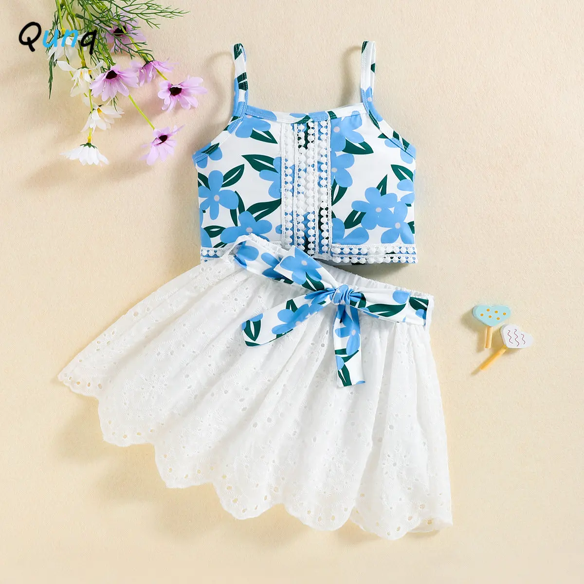 

Qunq 2023 Summer Girls Lace Hollowed Out Patchwork Suspender Top + Bow Pleated Skirt 2 Pieces Set Casual Kids Clothes Age 3T-8T