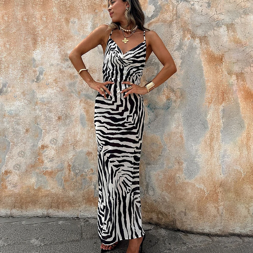 

Linad Summer Vintage Zebra Stripe Long Dress Sexy Backless High Waist Print Dresses For Women V Neck Split Dress Beach Style
