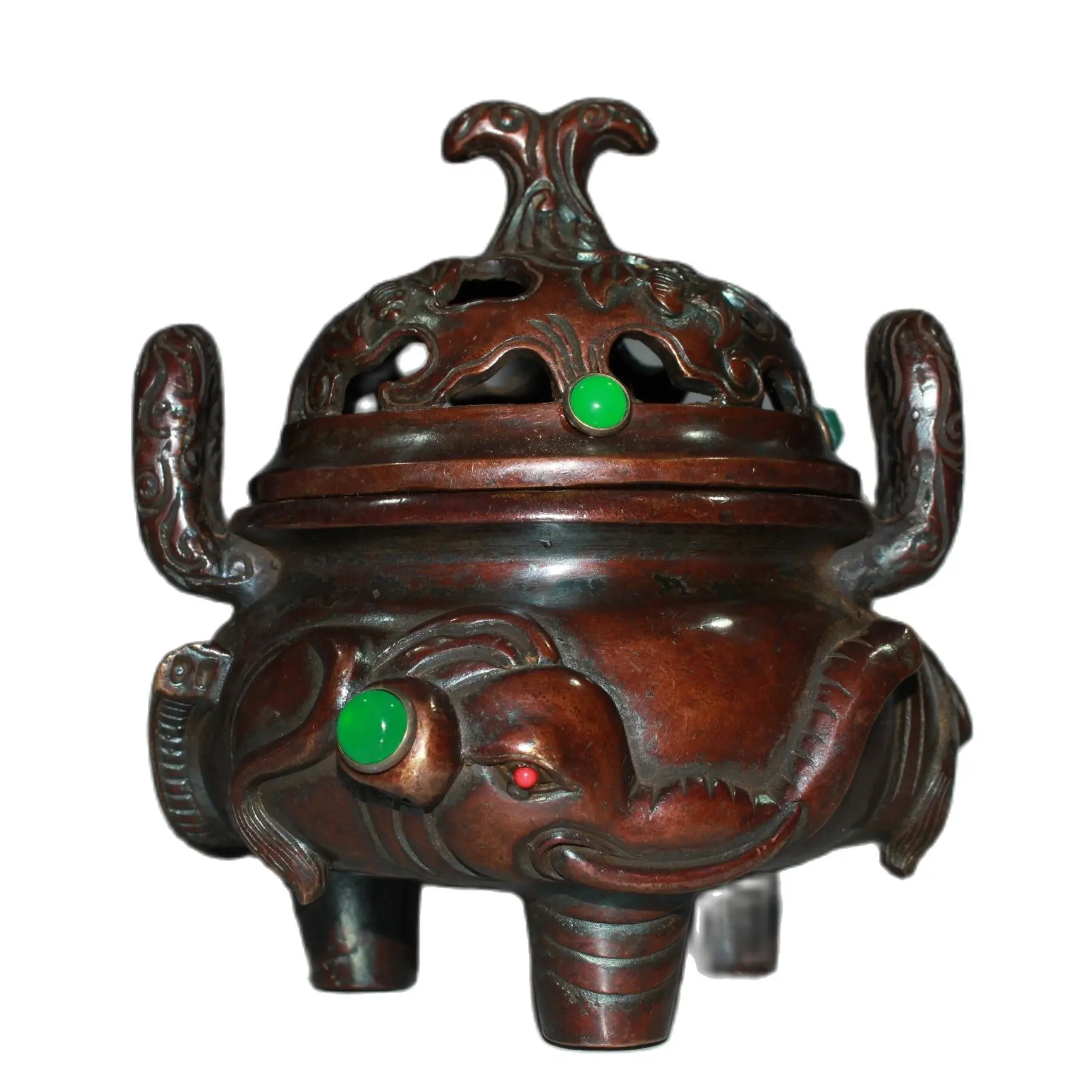 

China Elephant Incense Burner, Old Shanghai Secondhand Goods, Inlaid with Red Copper and Green Jade